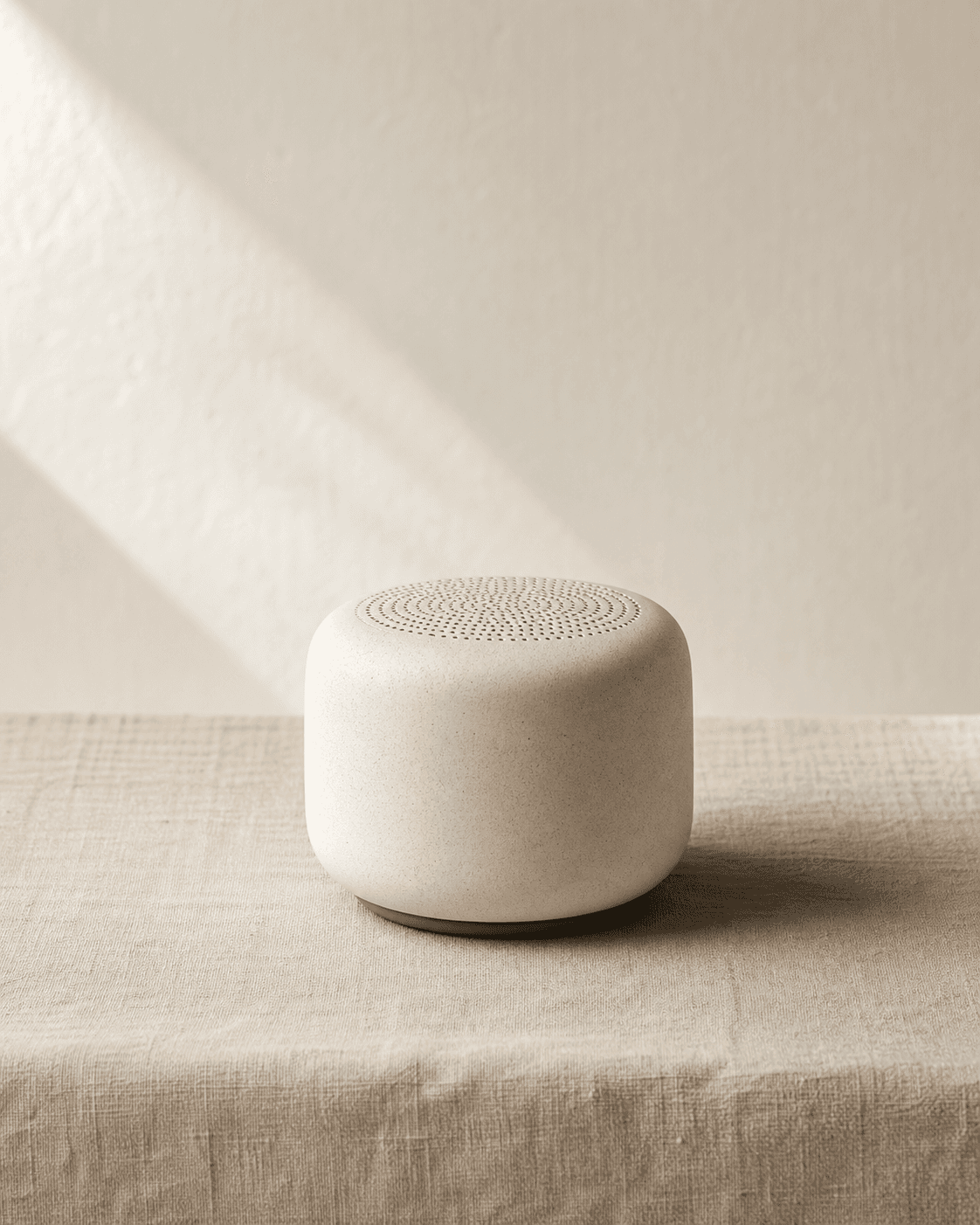 Matte ceramic speaker on washed linen